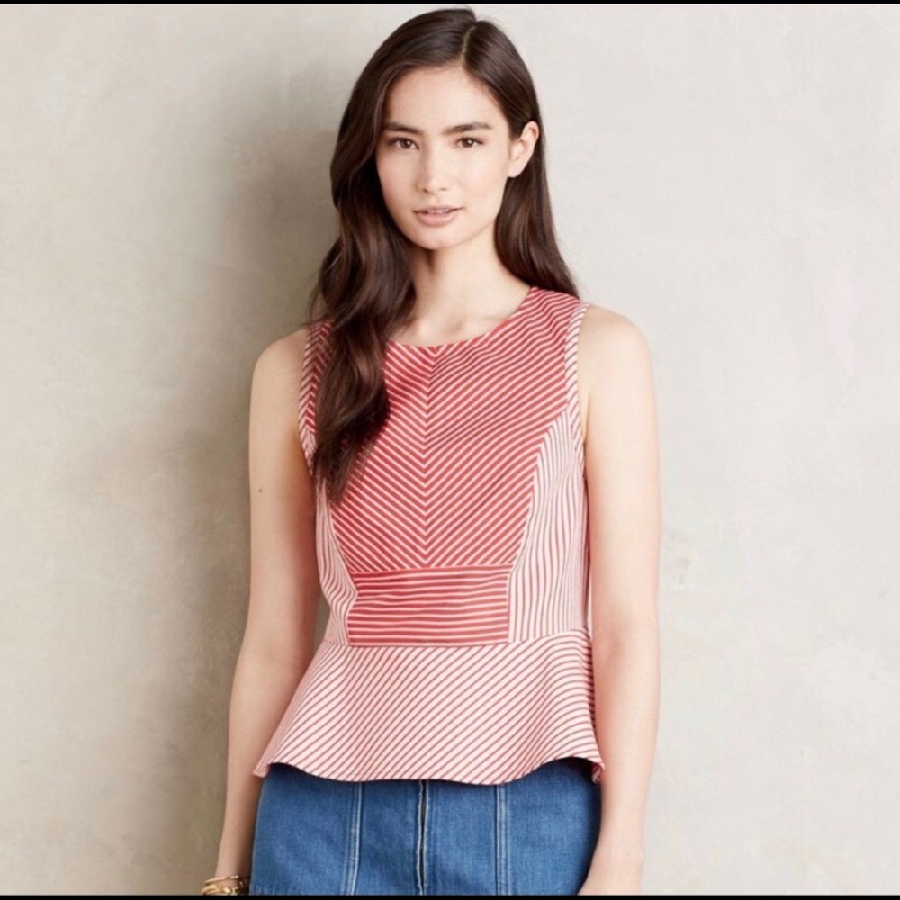 Anthropologie Maeve red cantua peplum top with exposed back zipper close size 6